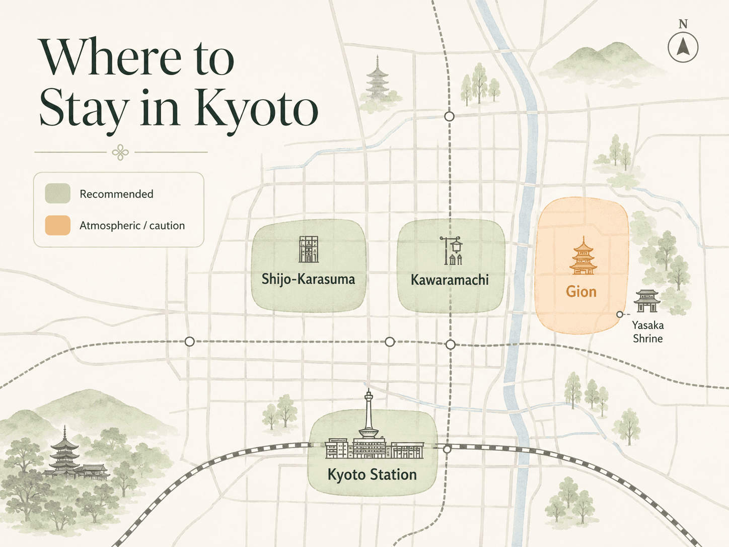 Simplified local map showing the hotel-area logic around Kyoto Station, Gion and Kawaramachi for first-time visitors.