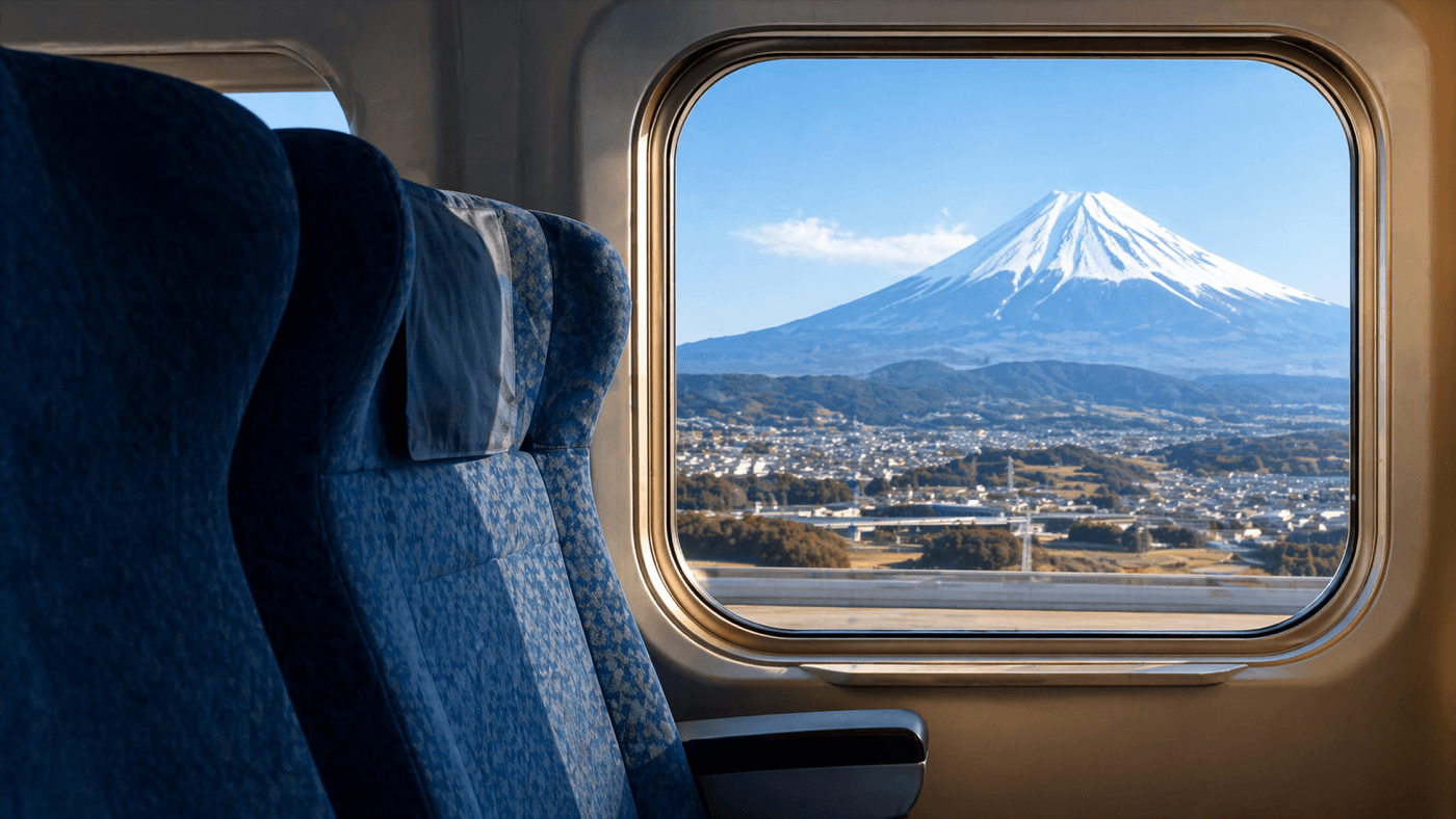 Mt. Fuji seen from a Shinkansen train window
