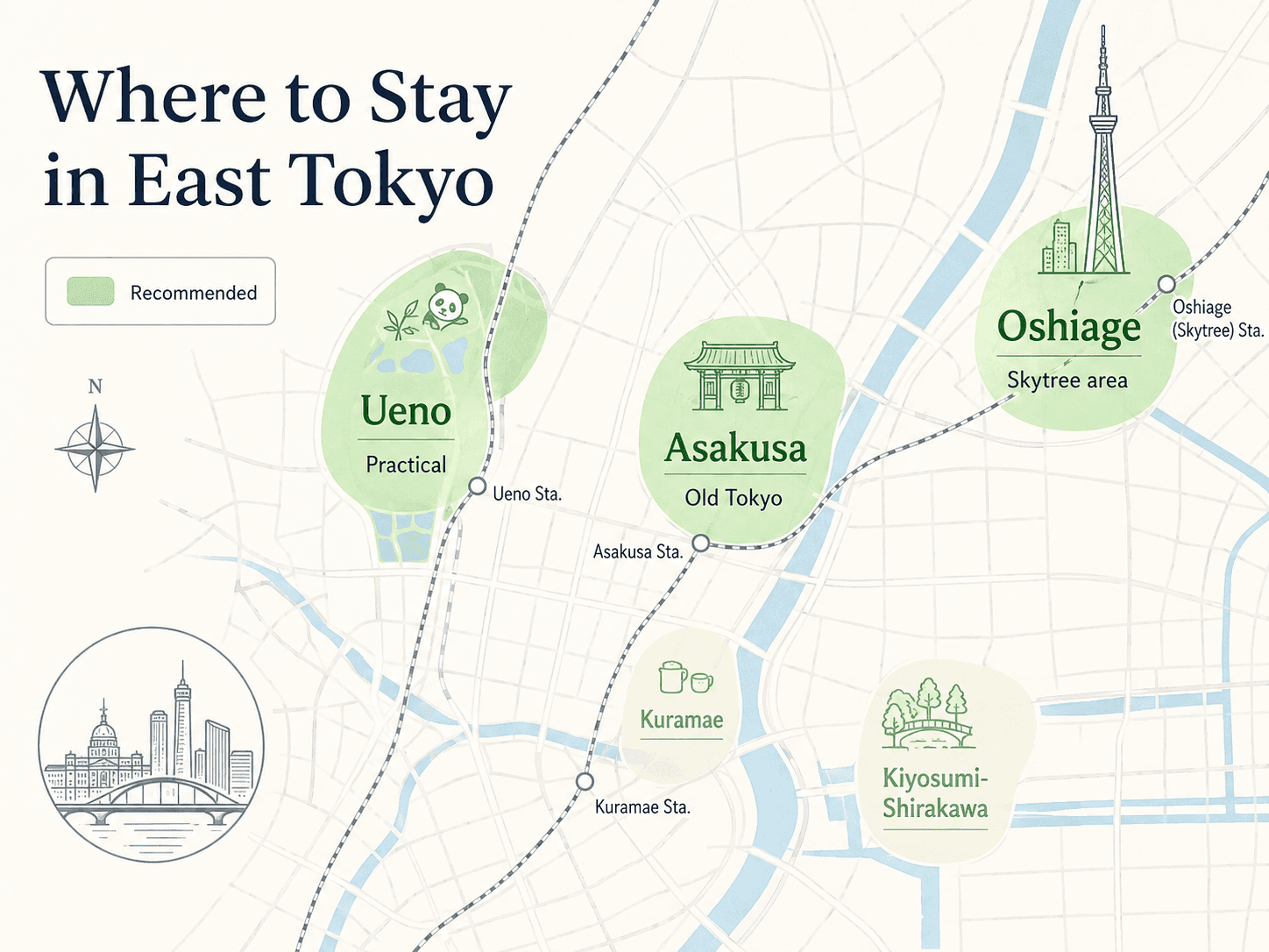 Simplified local map showing East Tokyo hotel-area logic around Ueno, Asakusa, Oshiage and nearby neighborhoods.
