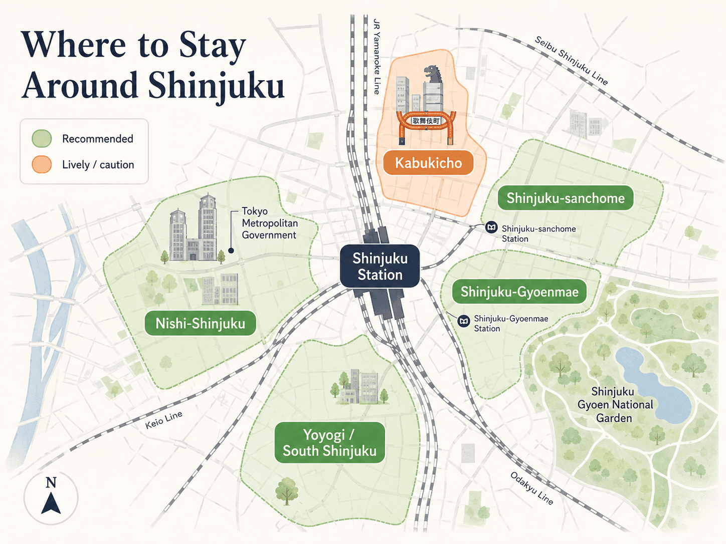 Simplified local map showing recommended calmer hotel areas around Shinjuku, including Nishi-Shinjuku, Shinjuku-Gyoenmae, Shinjuku-sanchome, Yoyogi and South Shinjuku, with Kabukicho marked as lively and potentially noisy at night.