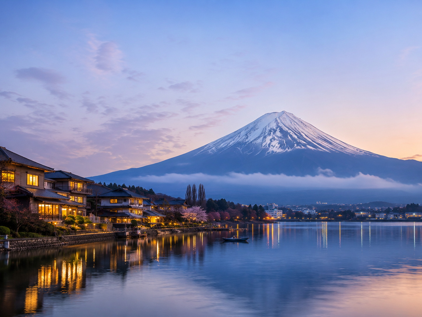 Mt. Fuji и Lake Kawaguchiko в сумерках